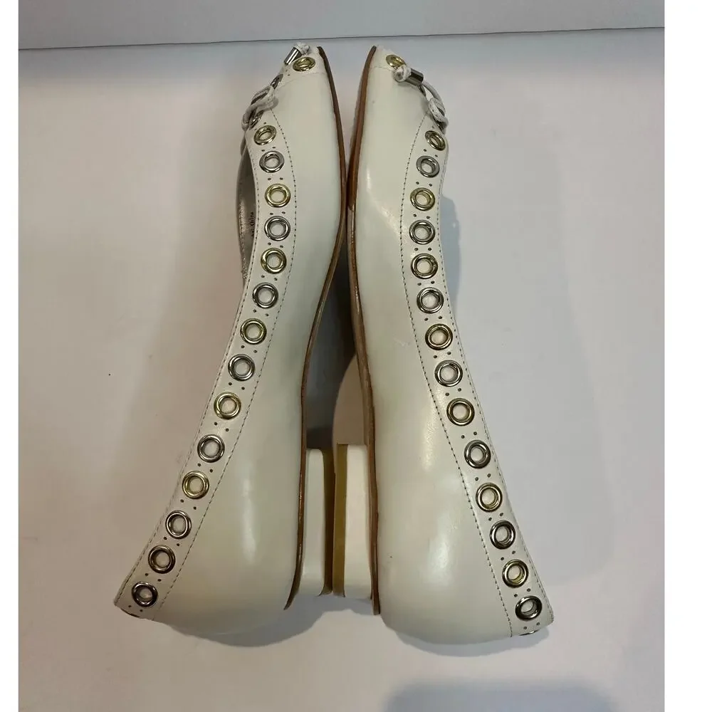 daniblack Leather Grommet Peep Toe Flats Women's 7.5 Cream Edgy Chic Mixed Metal